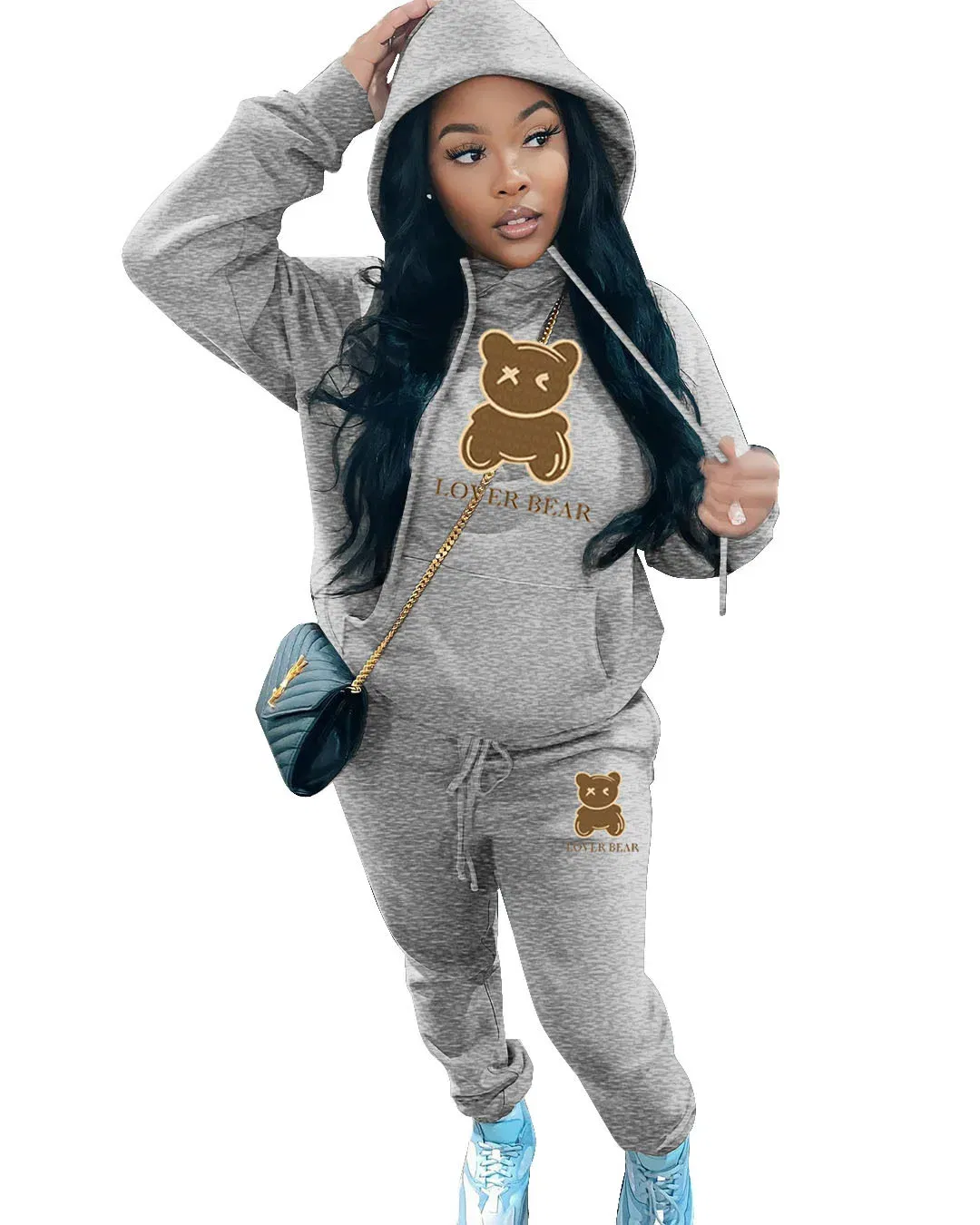 Color: Light Grey, Size: XXXL - 2 Piece Set Women Outfit Letter Bear Print Hooded Neck Hoodies Sweatshirt Pants Tracksuit 2024 Plus Size Streetwear Casual Suit