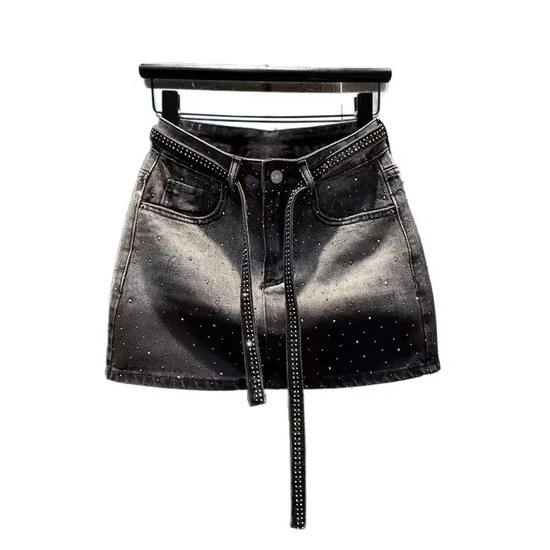 Color: Beige, Size: XXL - Oversize Retro Diamond Denim Mini Skirt for Women Summer High Waist Shiny Rivet Slim Skirts Gradient Black Grey Jean Skirts