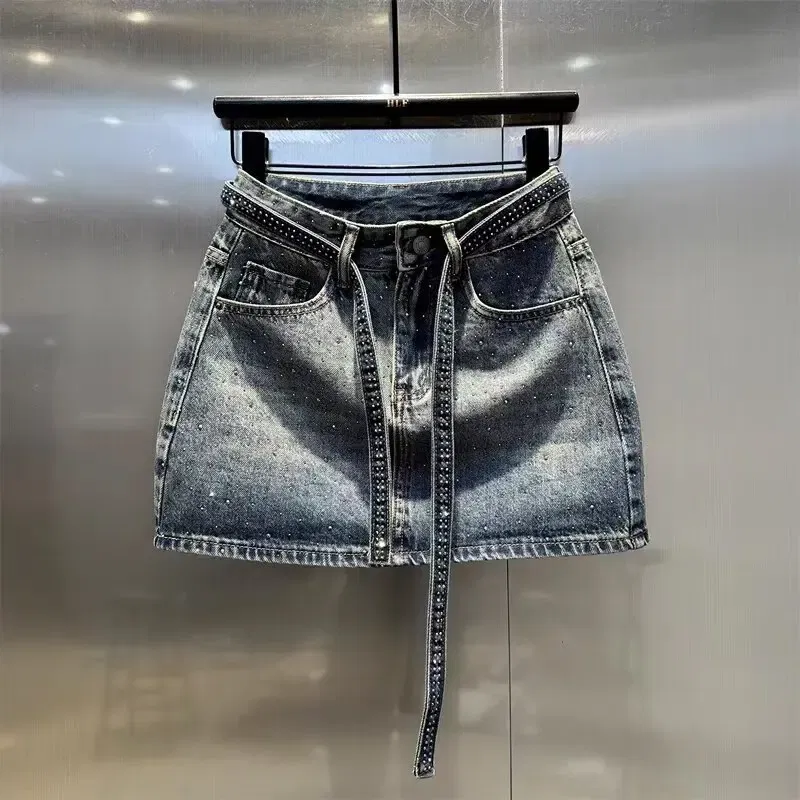 Color: Beige, Size: XXL - Oversize Retro Diamond Denim Mini Skirt for Women Summer High Waist Shiny Rivet Slim Skirts Gradient Black Grey Jean Skirts