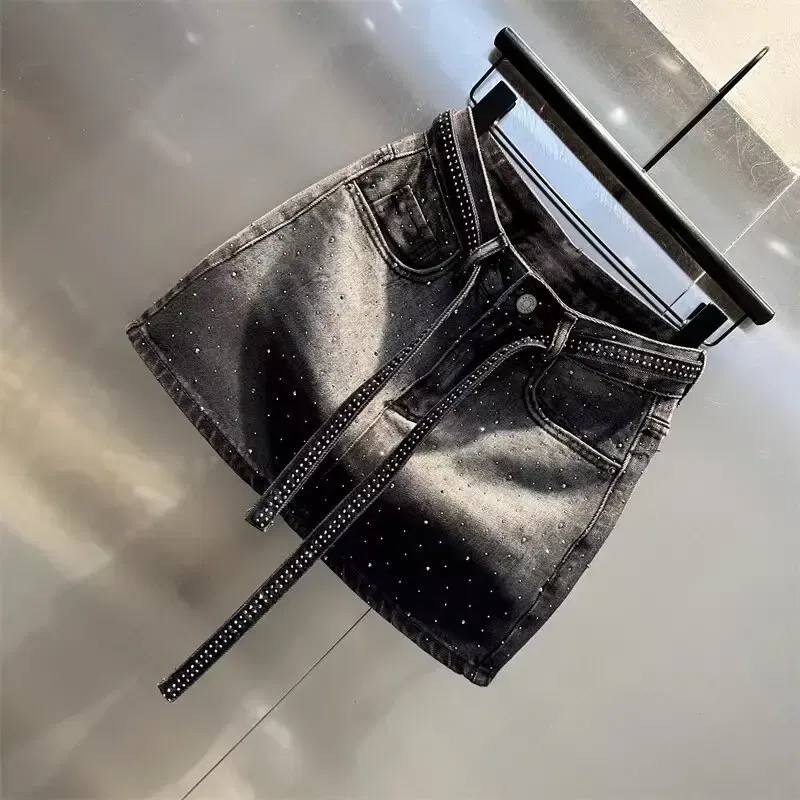 Color: Beige, Size: XXL - Oversize Retro Diamond Denim Mini Skirt for Women Summer High Waist Shiny Rivet Slim Skirts Gradient Black Grey Jean Skirts
