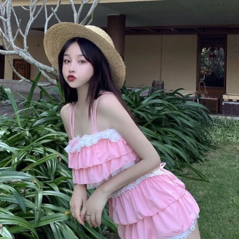 Color: Pink, Size: S - Bikini Sets Women Kawaii Girlish Design Tender Teens Slim Chic Beach Simple Feminino Daily Ruffles Japan Style Cool Sexy