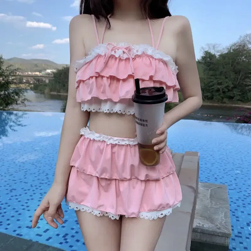 Color: Pink, Size: S - Bikini Sets Women Kawaii Girlish Design Tender Teens Slim Chic Beach Simple Feminino Daily Ruffles Japan Style Cool Sexy