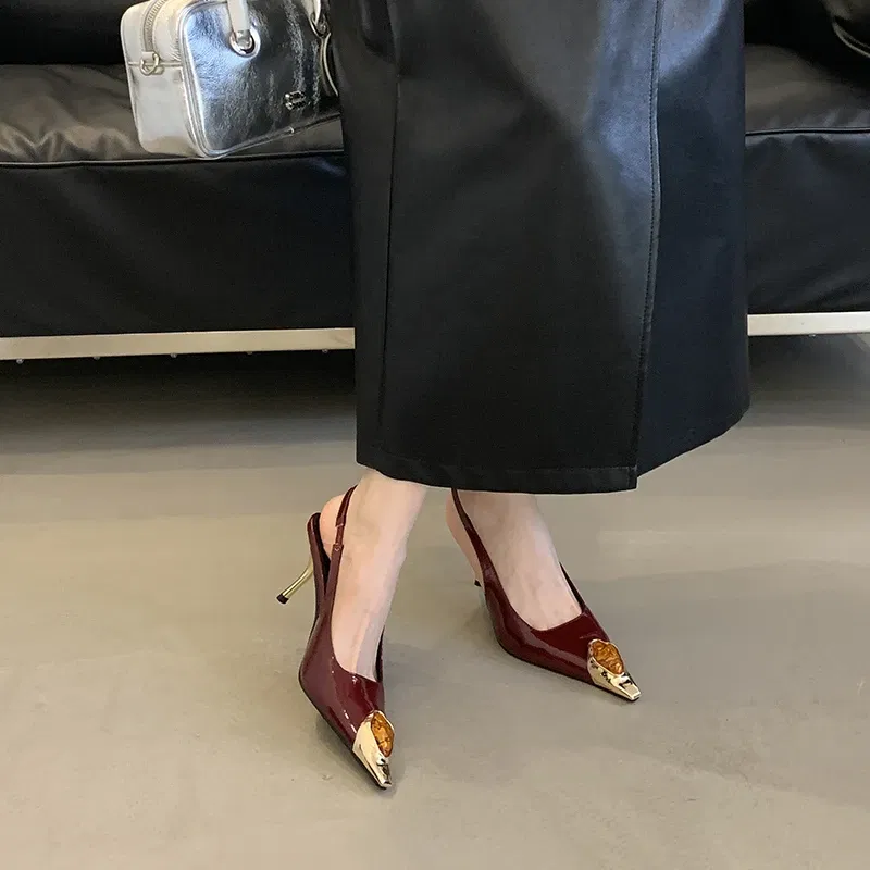Color: wine red, Shoe Size: 35 - Sexy Women's High Heels Mules 2025 New Fashion Pointed Dress Women's Shoes Open Heel Party High Heels Striptease Sandals Women