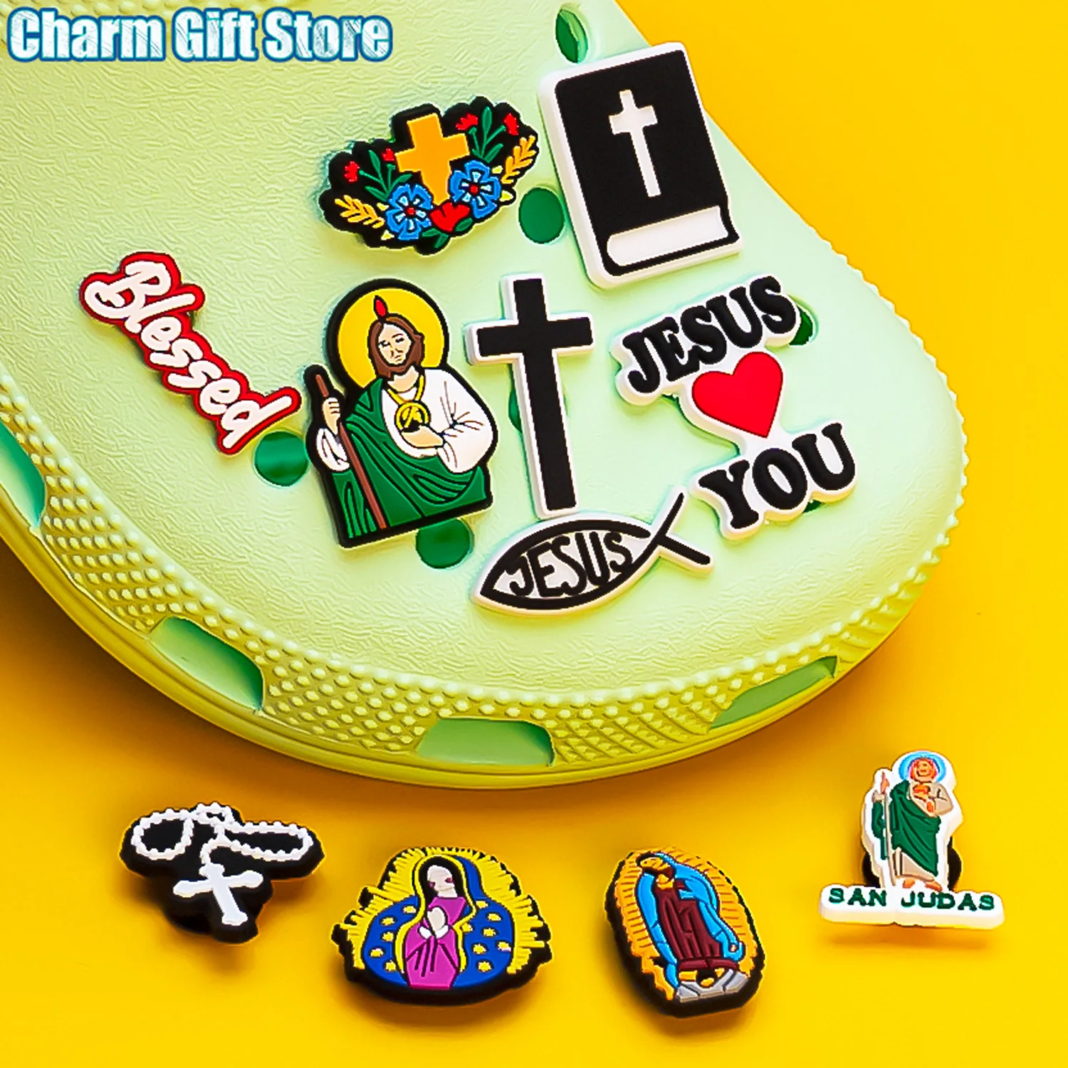 Color: Khaki - 1pcs New Shoe Charm Religion PVC Clog Charms Crucifix Blessed Virgin Mary Clog Pin Clips Jeans Garden Sandal Shoe Decoration