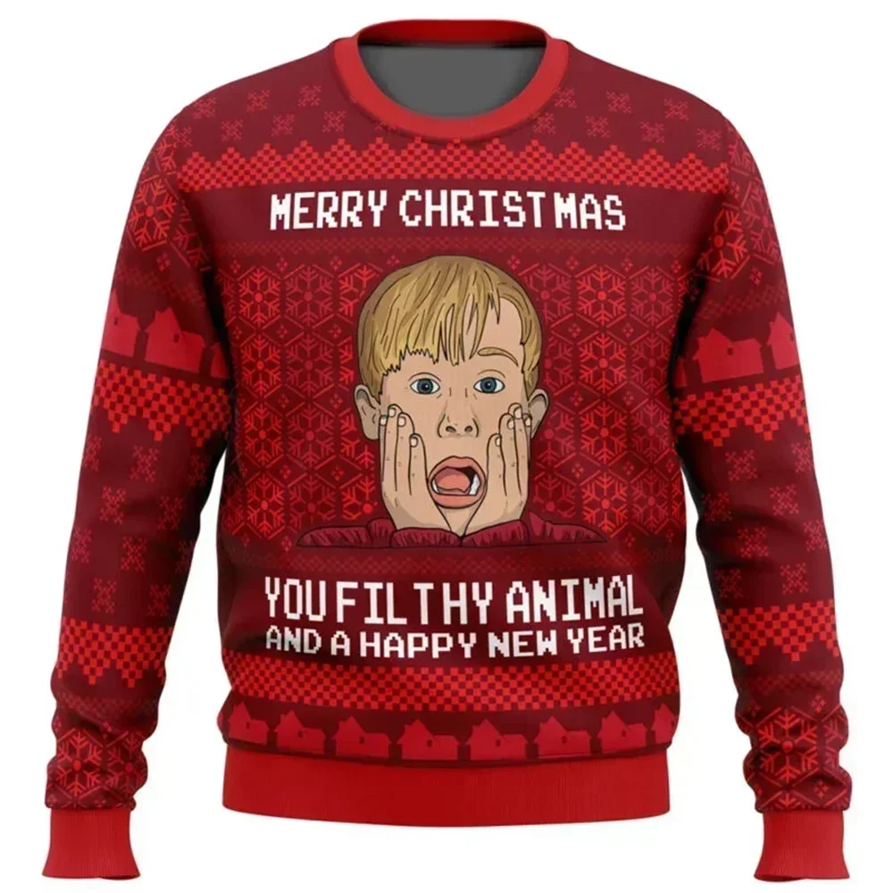 Color: black, Size: XL - Home Alone Ugly Christmas Sweater Men Women Pullover Hot Sale Round Neck Long Sleeve Top Christmas Clothing 3D Funny Printed
