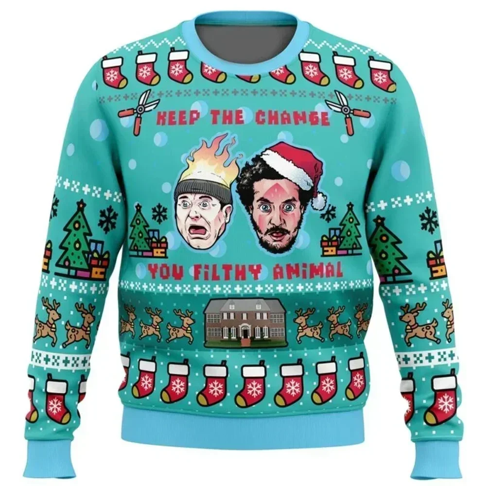 Color: black, Size: XL - Home Alone Ugly Christmas Sweater Men Women Pullover Hot Sale Round Neck Long Sleeve Top Christmas Clothing 3D Funny Printed
