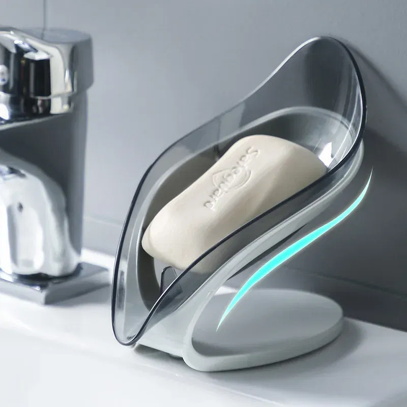 Color: Light Grey - Bathroom Soap Holder Leaf Shape Dish Soap Kitchen Sponge Soap Box Storage Non-slip Drain Soap Case Container Bathroom accessorie
