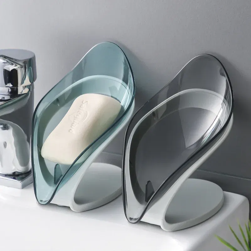 Color: Light Grey - Bathroom Soap Holder Leaf Shape Dish Soap Kitchen Sponge Soap Box Storage Non-slip Drain Soap Case Container Bathroom accessorie