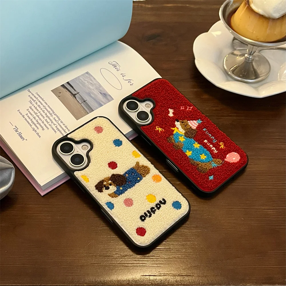 Color: SKY BLUE, Material: Acrylic - Luxury Cartoon Embroidery Cute Dog Cats Colorful Dots Phone Case For iPhone 13 14 15 16 Pro Max Plush Winter Shockproof Cover