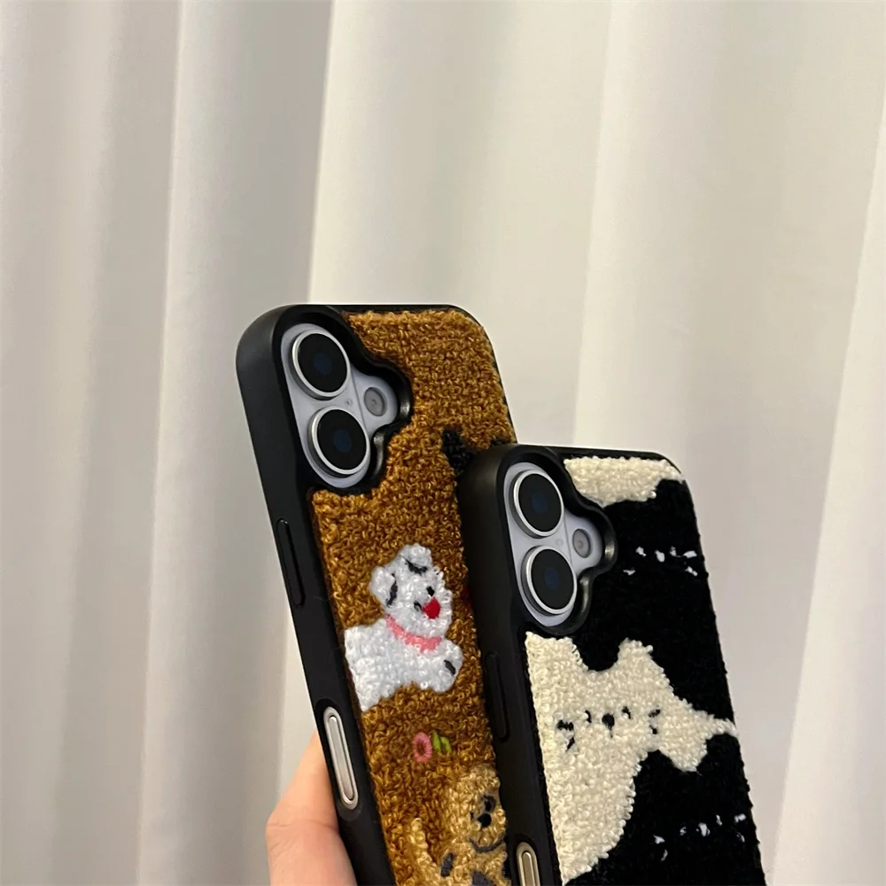 Color: SKY BLUE, Material: Acrylic - Luxury Cartoon Embroidery Cute Dog Cats Colorful Dots Phone Case For iPhone 13 14 15 16 Pro Max Plush Winter Shockproof Cover