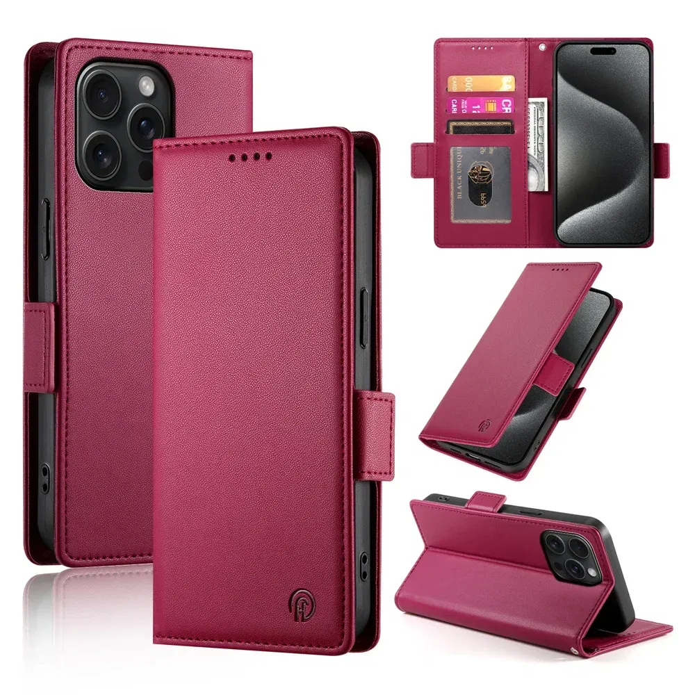 Color: Red, Material: TPU - PU Leather Flip Phone Case For iPhone 16 15 Pro Max 16E 14 13 1211 XS Max XR X 8 7 Plus SE KickStand Cards Solt Wallet Cover