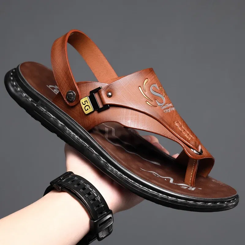 Color: Chocolate, Shoe Size: 41 - Summer Men Sandals Casual Genuine Leather Leisure Sandals Designer Shoes Men