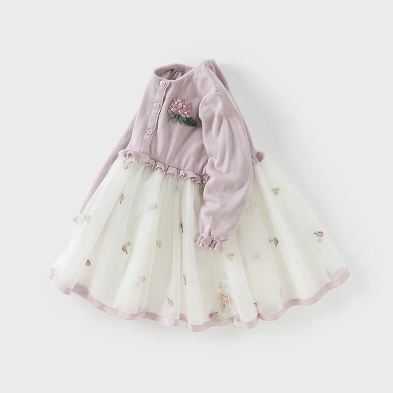 Color: Pink, Kid Size: 30 - Dave Bella 2025 Spring Girls Baby Princess Dress Children New Gentle Cute Embroidery Mesh Long Sleeved Party Outdoor DB1250340