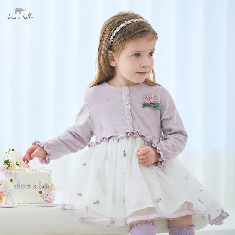Color: Pink, Kid Size: 30 - Dave Bella 2025 Spring Girls Baby Princess Dress Children New Gentle Cute Embroidery Mesh Long Sleeved Party Outdoor DB1250340