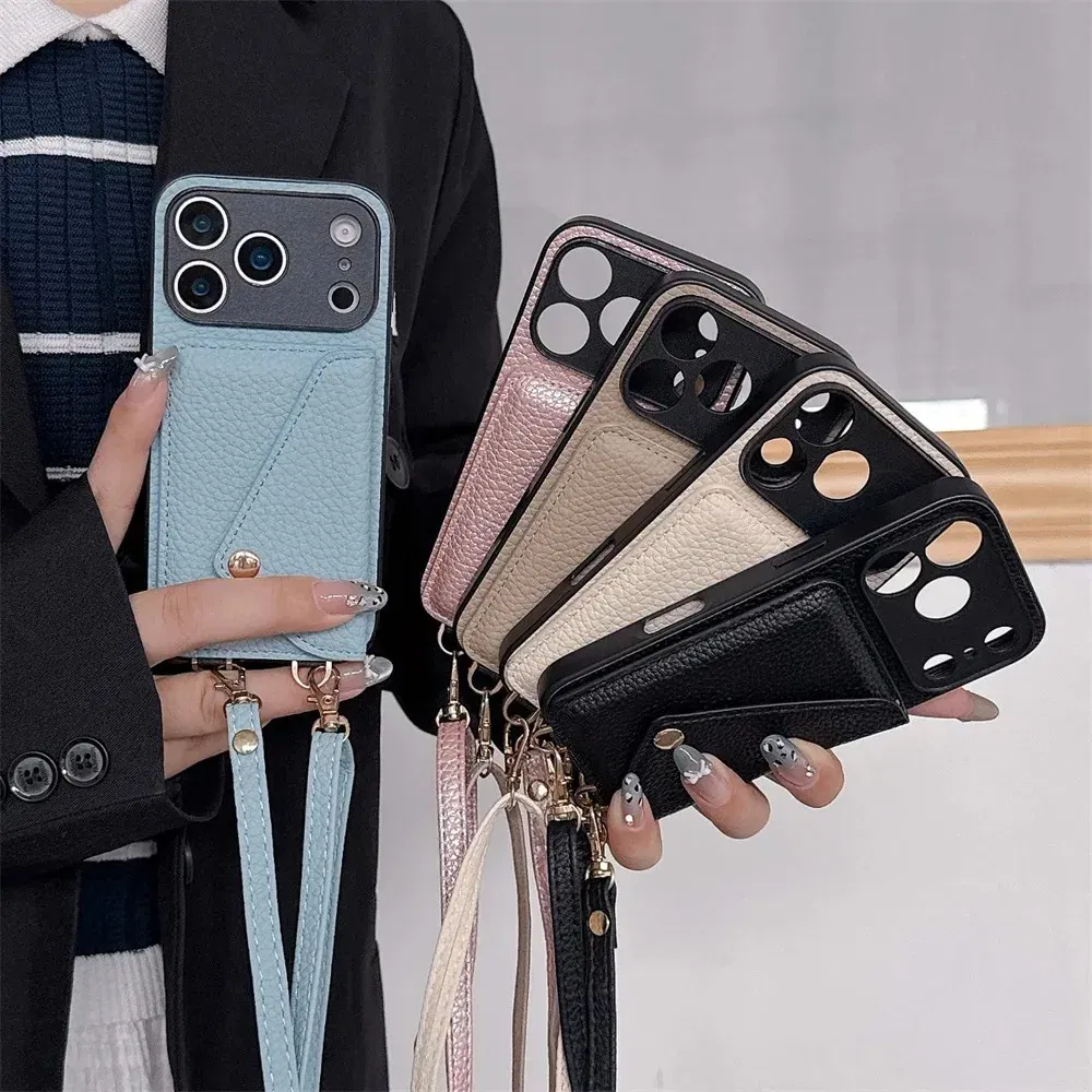 Material: PC, Color: Blue - Crossbody wallet card holder phone case For iPhone 17Air 16, 15, 14, 13, 12, 11 Pro Max, XR with lanyard protective cover