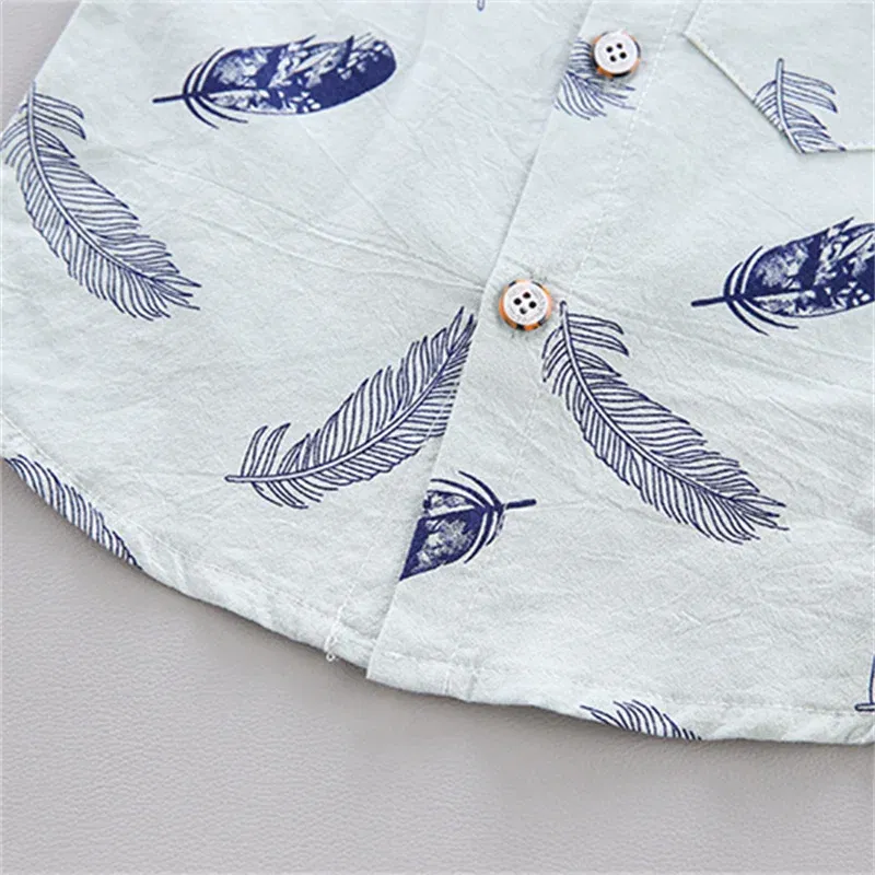 Color: green, Kid Size: 3M - 0-3 Year Old Baby Summer Feather Print Shirt Short Sleeve Suit