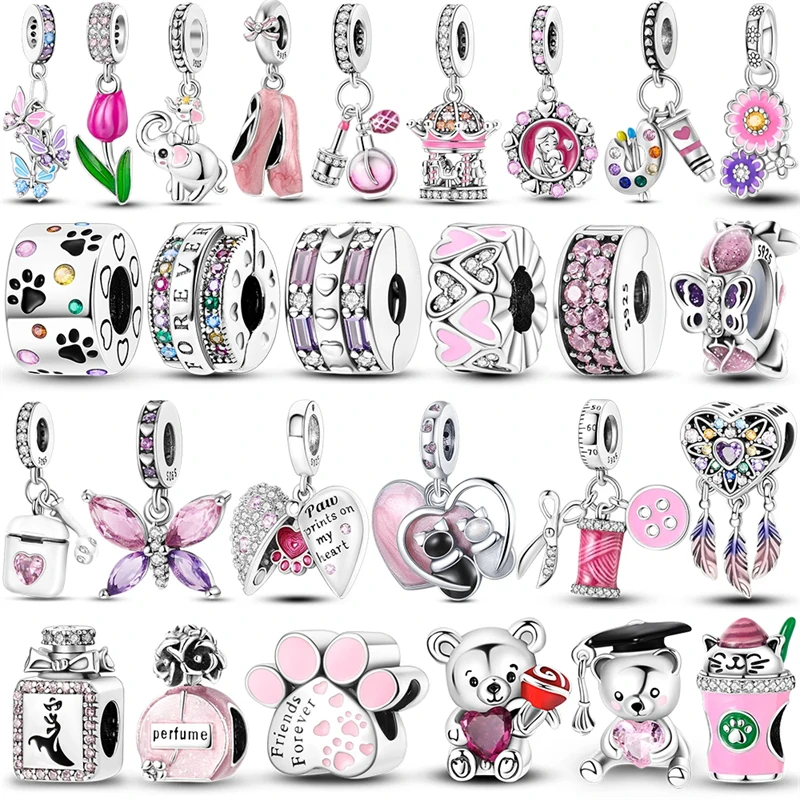 Color: black - Pink Series Charms 925 Silver Perfume Butterfly Charm Beads Pendent Dangle Fit Original Pandora Charm Bracelet DIY Women Jewelr