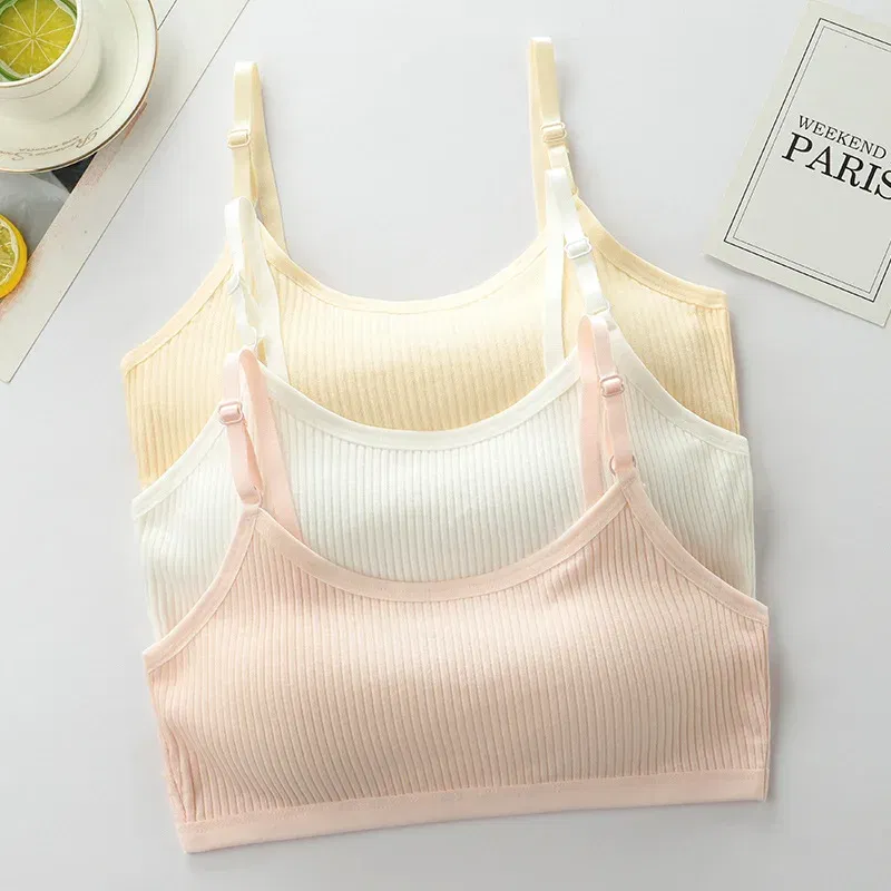 Color: SKY BLUE, Kid Size: 2T - 3pcs Cotton Children Innerwear Girls Bras Removable Sponge Cup Puberty Students Training Bras Breathable Teenage Girl Brassieres