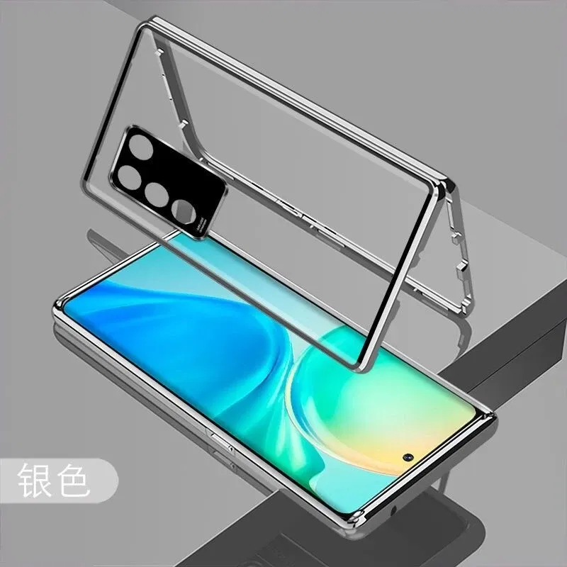 Color: Silver, Material: CANVAS - 360 Full Case For Vivo V29 5G V27 Pro V27E V25 V23 Double Sided Magnetic Adsorption Metal Capa Tempering Glass Clear Phone Cover
