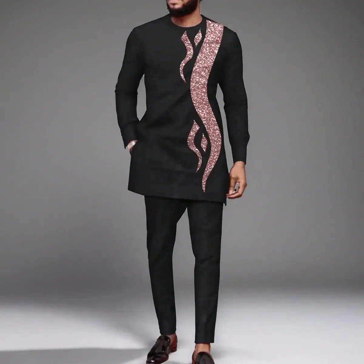 Color: Gold, Size: M - 2025 New men's suit, white pocket, 2-piece set, luxury wedding casual suit, traditional African style of ethnic minorities