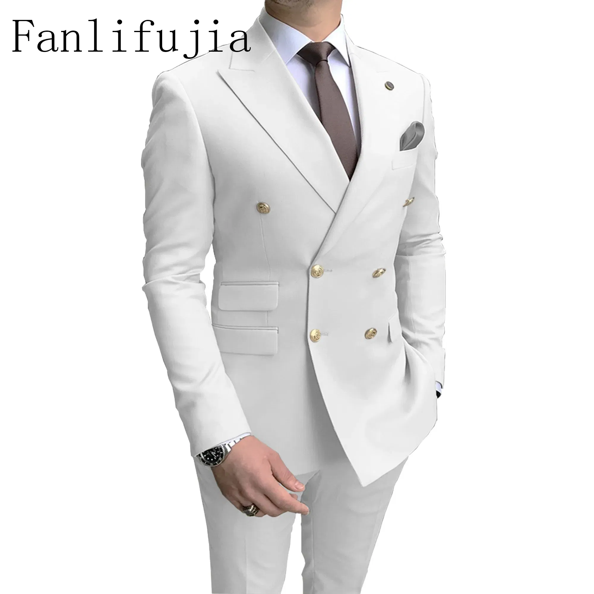 Color: WHITE, Size: 4XL - Fanlifujia Store 2024 Casual Sky Blue Men Suits Double Brested Peak Lapel  Gold Button Groom Wedding Tuxedos Best Costume Homme