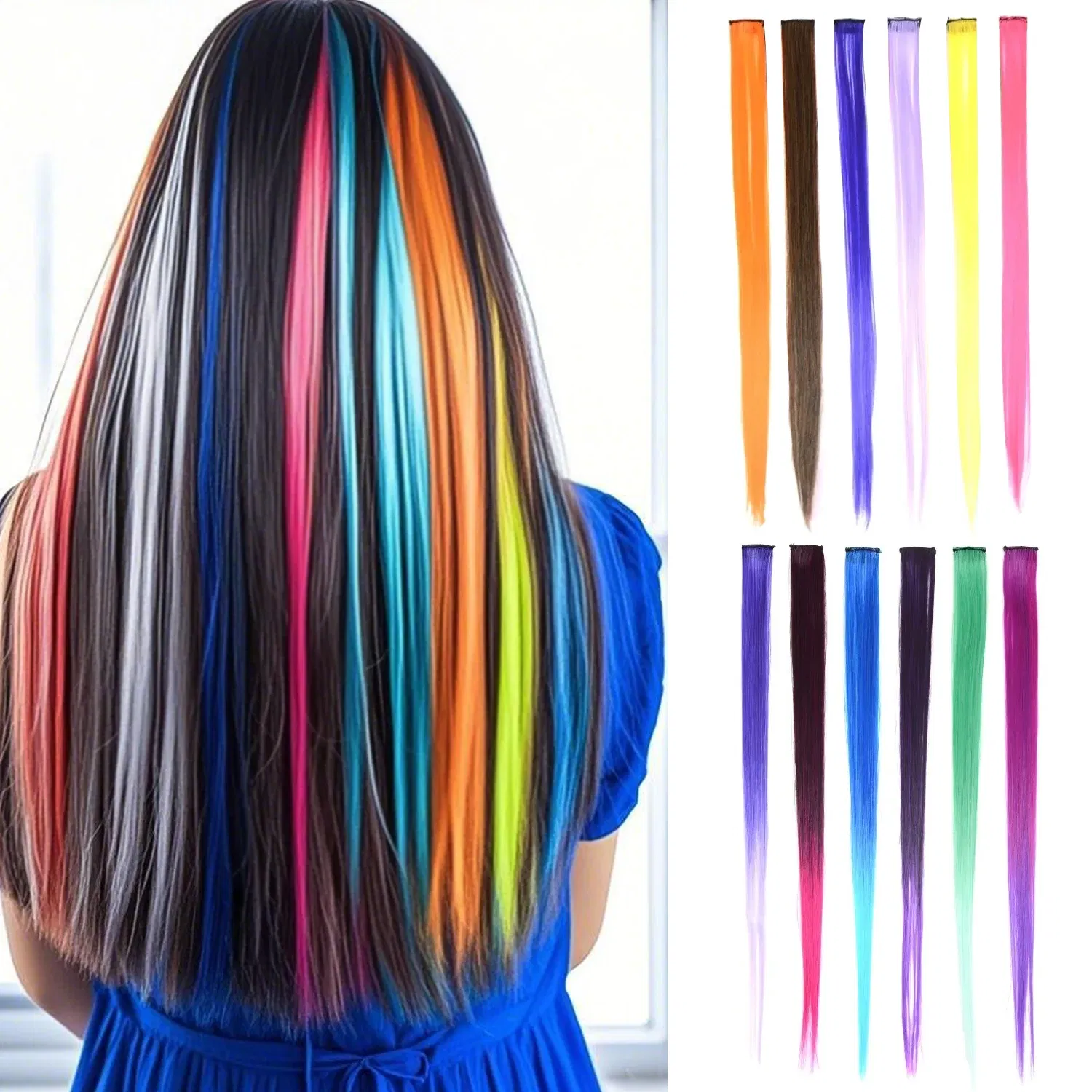 Color: T1B/613, Stretched Length: 22inches - Synthetic Clip-in Hair Extensions 22" Long Colorful Straight Hair Pieces Synthetic Hairpieces for Daily Festival Party