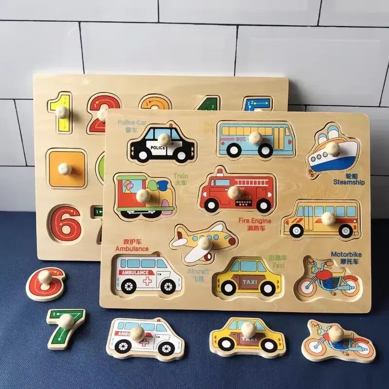 Color: Watermelon red - Baby Wooden Puzzles Montessori Toys 1 2 Years Toddler Toys Hand Grab Board Alphabet Number Cognition Learning Educational Toys
