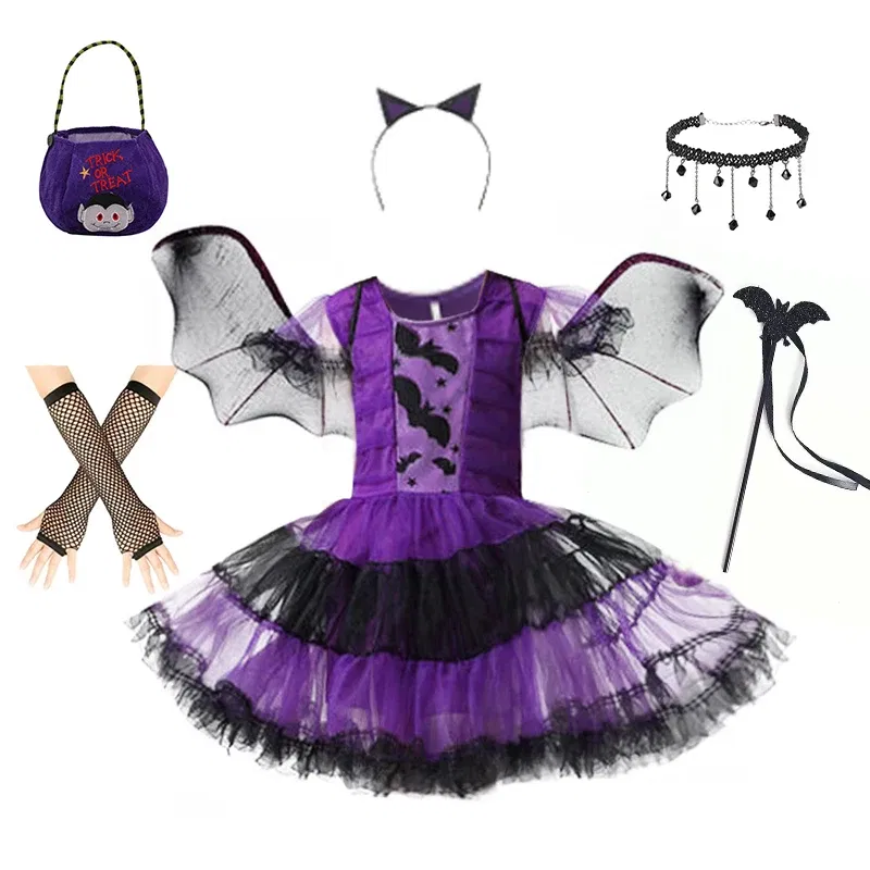 Kid Size: 14, Color: Red - Halloween Children Purple Vampire Costume Girls Dress Kids Clothes Baby Bat Spider Party Cosplay Headband +Wing Outfit