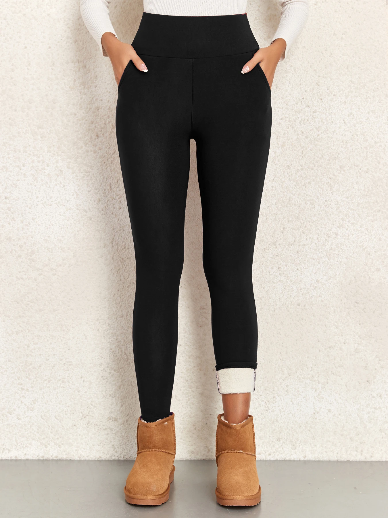 Size: M, Color: Beige - Pockets Thick Winter Warm Leggings Women High Waist Mallas Casual Velvet Warm Leggings Prevent Cold Super Warm Pants