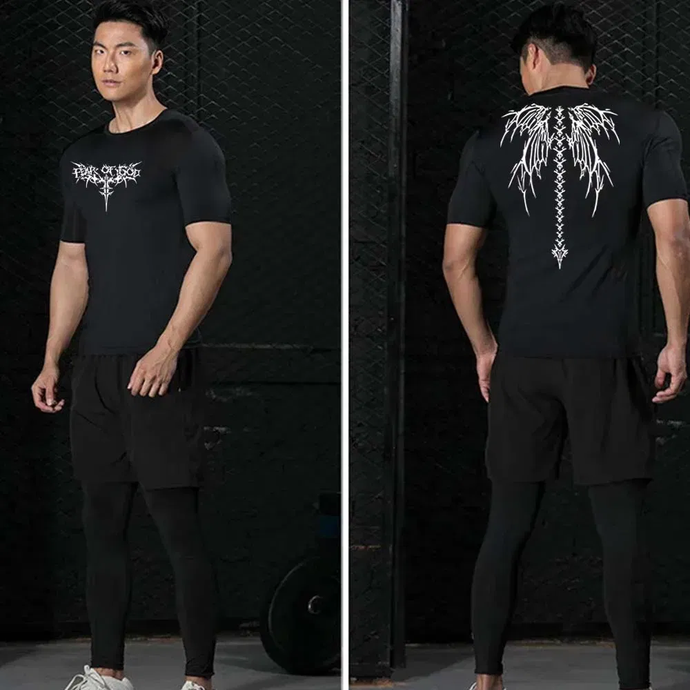 Color: Blue, Size: L - Men's Compression Shirt Anime Print Gym Sport Quick Dry Gym TShirts Fitness Athletic Undershirts Elasticity Tops Tee Summer Male