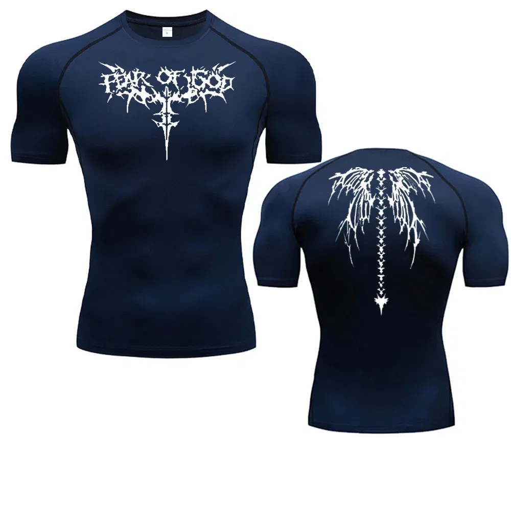 Color: Blue, Size: L - Men's Compression Shirt Anime Print Gym Sport Quick Dry Gym TShirts Fitness Athletic Undershirts Elasticity Tops Tee Summer Male