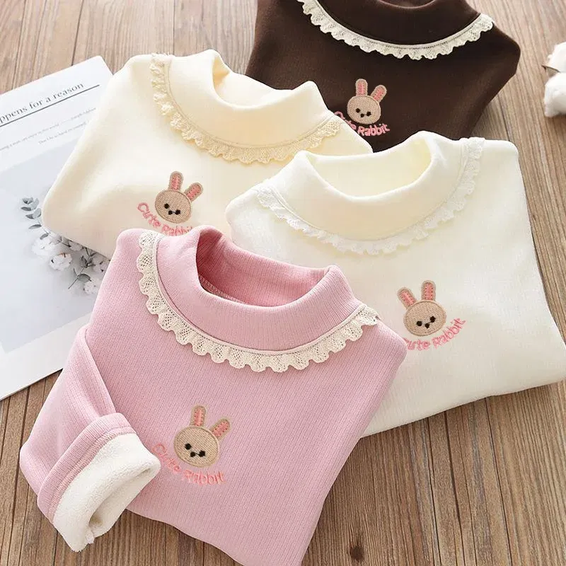 Color: Blue, Kid Size: 4T - 1pcs Children's T-Shirts Rabbit Embroidery Velvet warm top Kids Half High Collar Long Sleeve Base Shirt Girls Tshirts Clothes