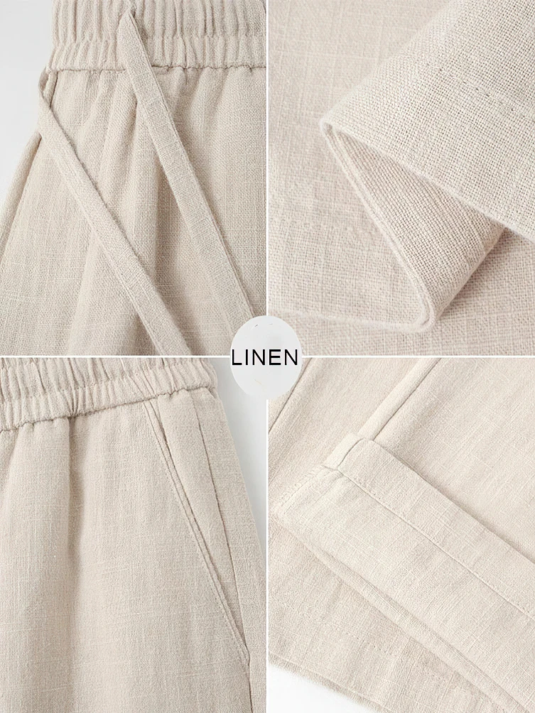 Color: Champagne, Size: XL - Straight Casual Cotton Linen Pants Men Wide Leg Lightweight Baggy Cotton Sweatpants Male Walking Jogger Trousers Work