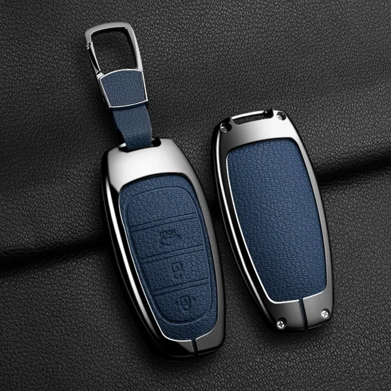 Color Name: Blue - New Auto Alloy Car Key Case Cover Fob for Hyundai Solaris Sonata Hybrid NEXO NX4 New Grand Santa Fe Tucson 2020-2024 Accessories