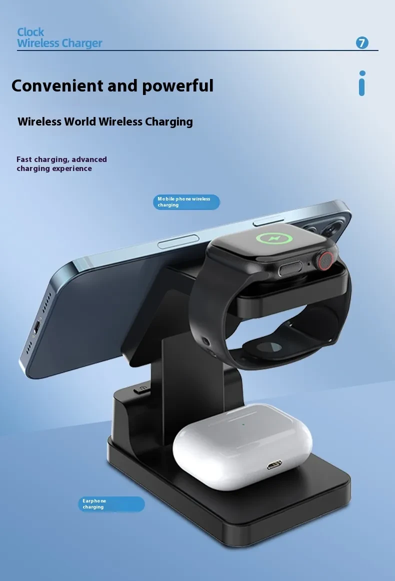 Magnetic Three-in-one 15W Wireless Charger With Clock