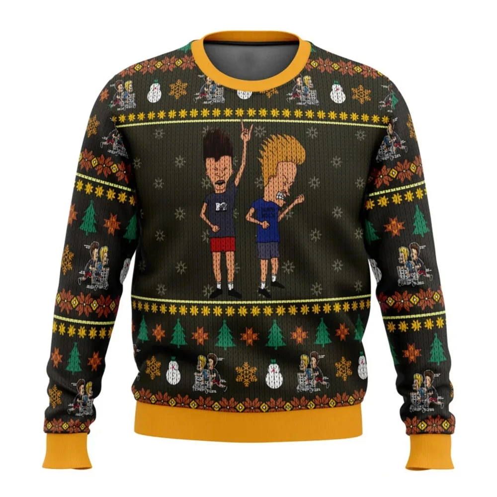 Color: Beige, Size: L - Xmas Rock Beavis and Butthead Ugly Christmas Sweater Cartoon Anime Women Men Pullover Tops New Fashion Couple Hoodie Sweatshirt