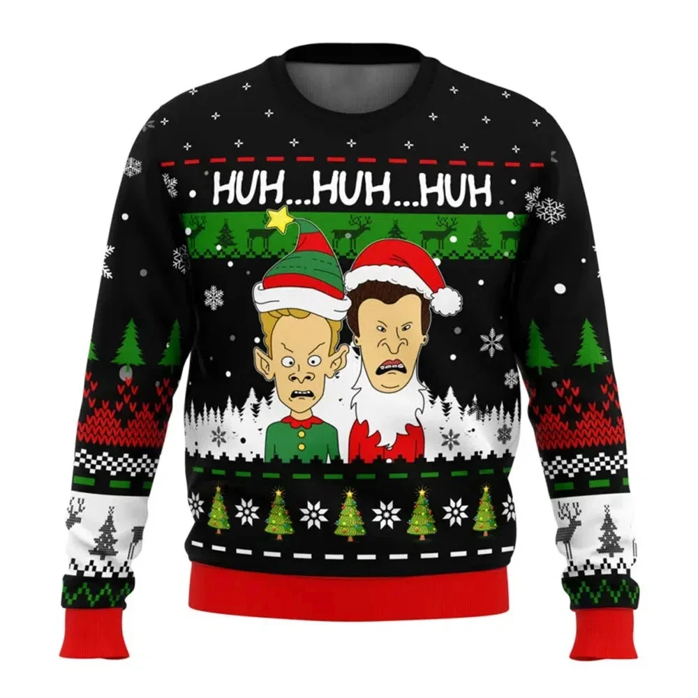 Color: Beige, Size: L - Xmas Rock Beavis and Butthead Ugly Christmas Sweater Cartoon Anime Women Men Pullover Tops New Fashion Couple Hoodie Sweatshirt