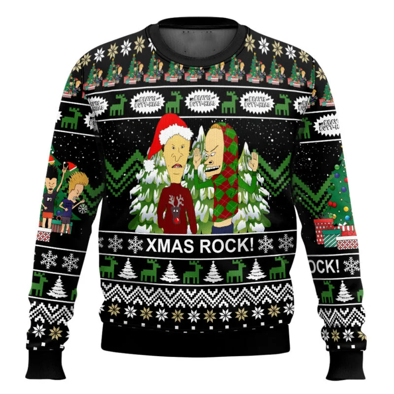 Color: Beige, Size: L - Xmas Rock Beavis and Butthead Ugly Christmas Sweater Cartoon Anime Women Men Pullover Tops New Fashion Couple Hoodie Sweatshirt