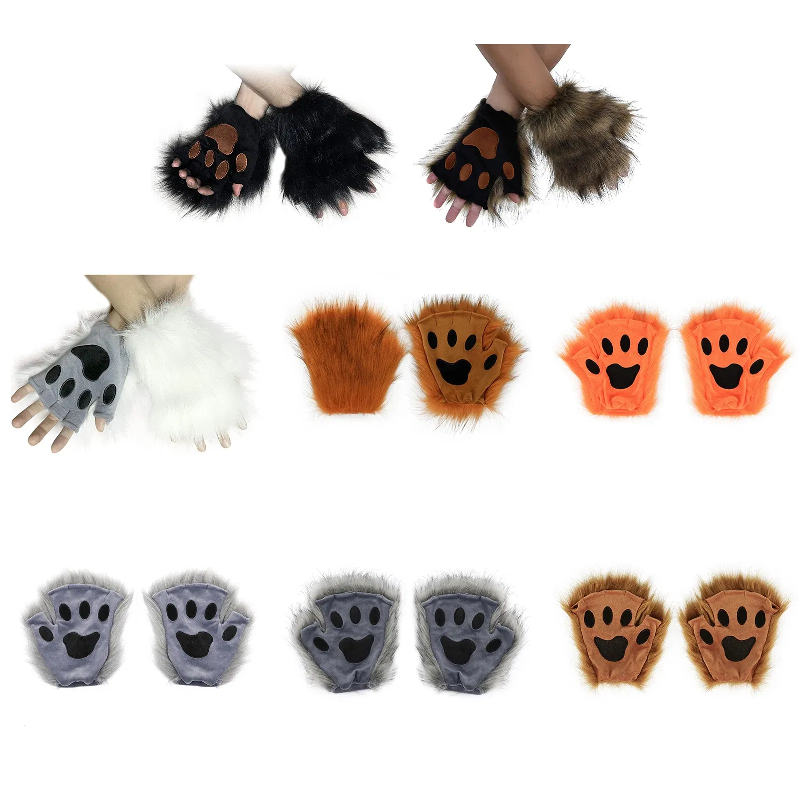 Color: green, Gloves Size: One Size - Wolf Paw Gloves Faux Fur Cat Fingerless Mittens Winter Warm Cosplay Halloween Fancy Party Costume Accessories