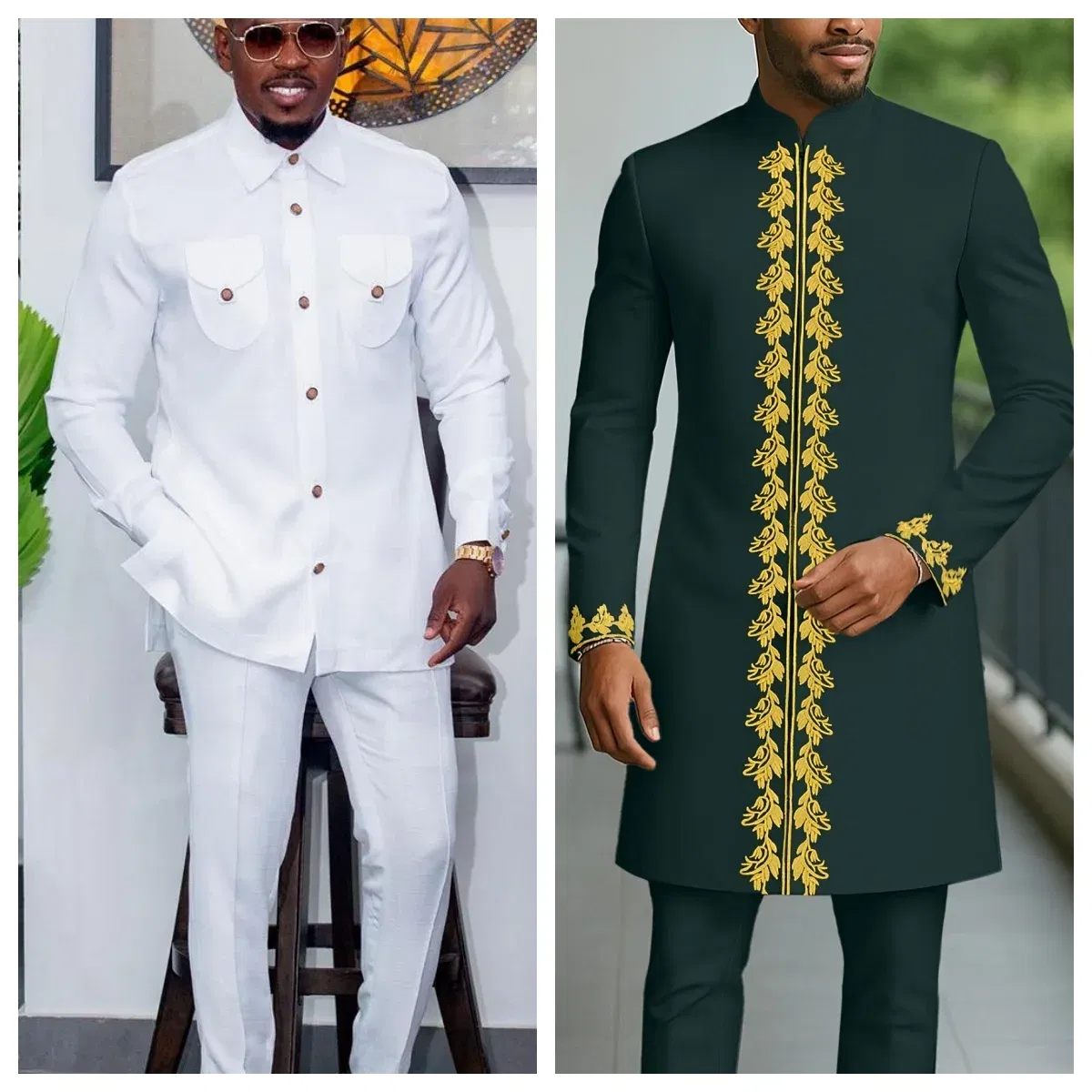 Color: WHITE, Size: L - New Men's Tenos Wedding 2-Piece Suit Waist Pants Shirt Solid Color Panel Long Sleeve Party African Ethnic Style Clothing (M-4XL)