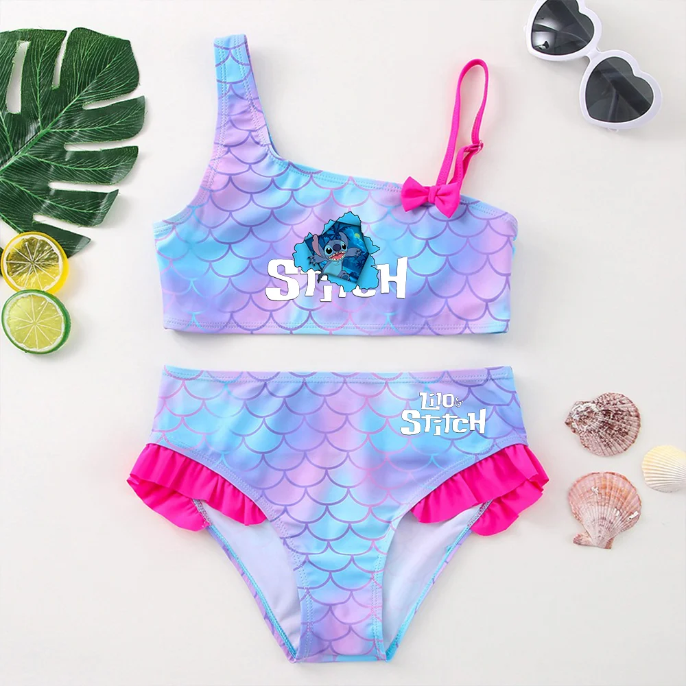 Color: Pink, Size: M - Lilo Stitch Girls Swimsuit One-Piece Bathing Suits Kids Wear Fashion Mermaid Fish Children's Dresses Summer Swimwear Beach Suit