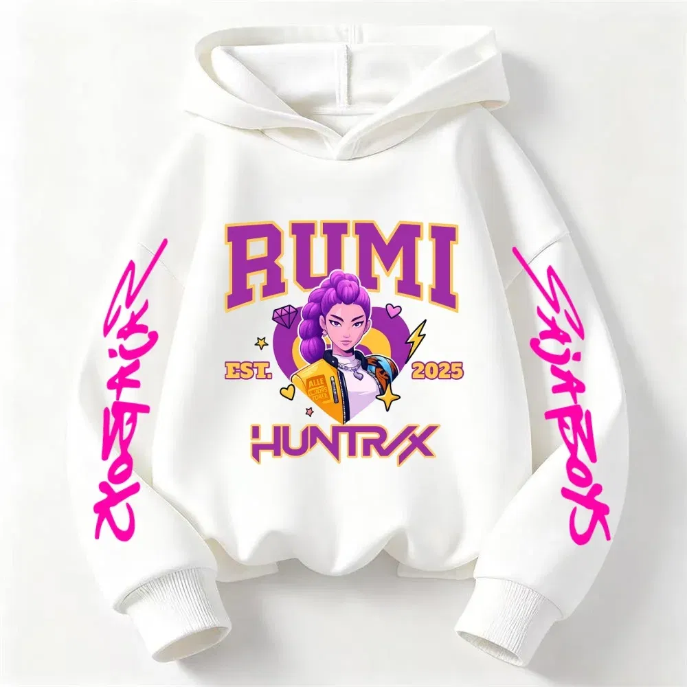 Color: Brown, Kid Size: 4T - 2025 KPop Devil Hunter Cartoon Girl Boy Hooded Sweatshirt Kawaii Children's Korean Wave Casual Fashion Top