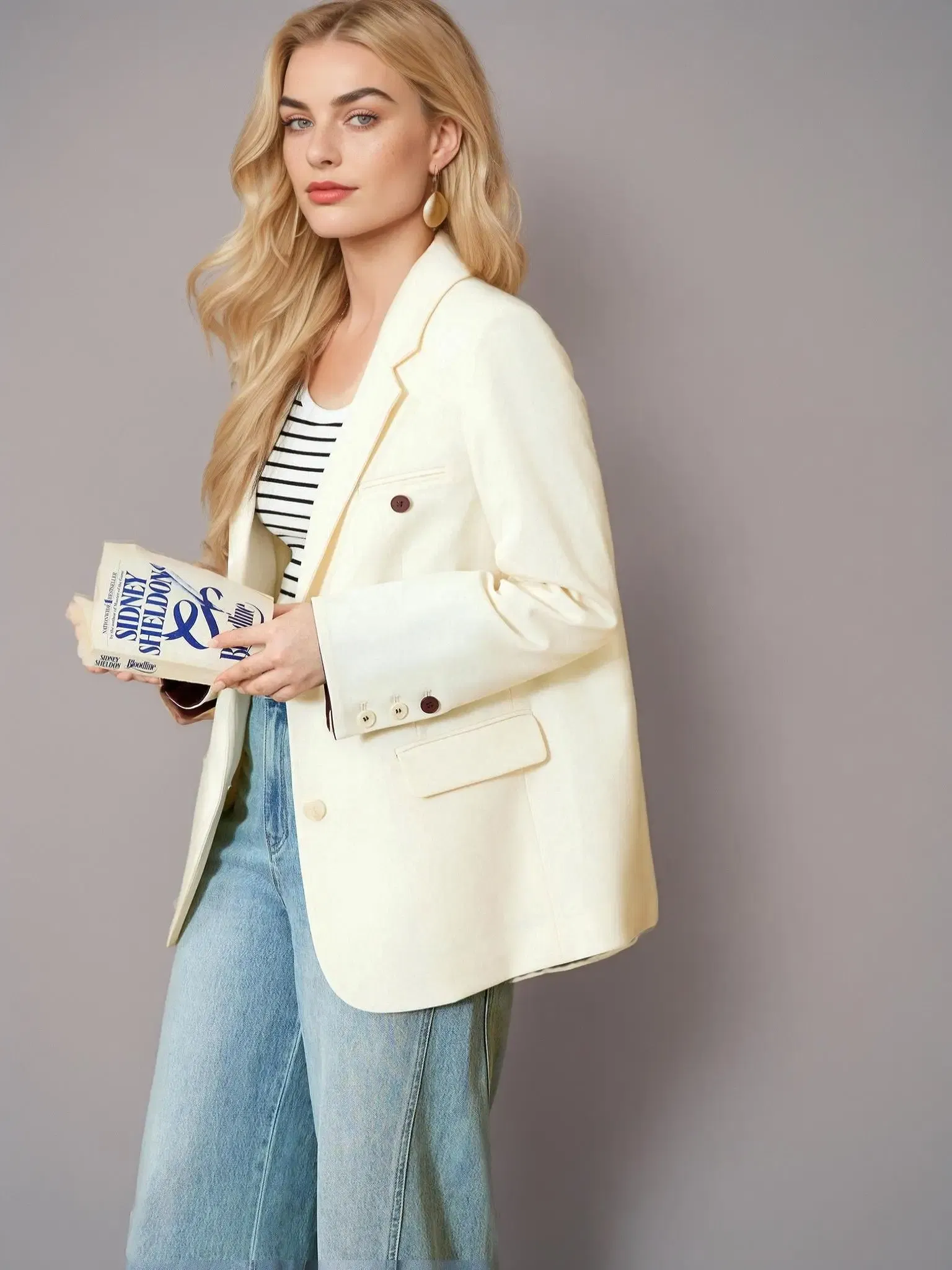 Color: Beige, Size: XXXL - DUSHU Plus Gray Blazer Jacket For Women 2025 Spring New Design Elegant Style Commuter Coat Chic Outwear Office Lady 25DS81036
