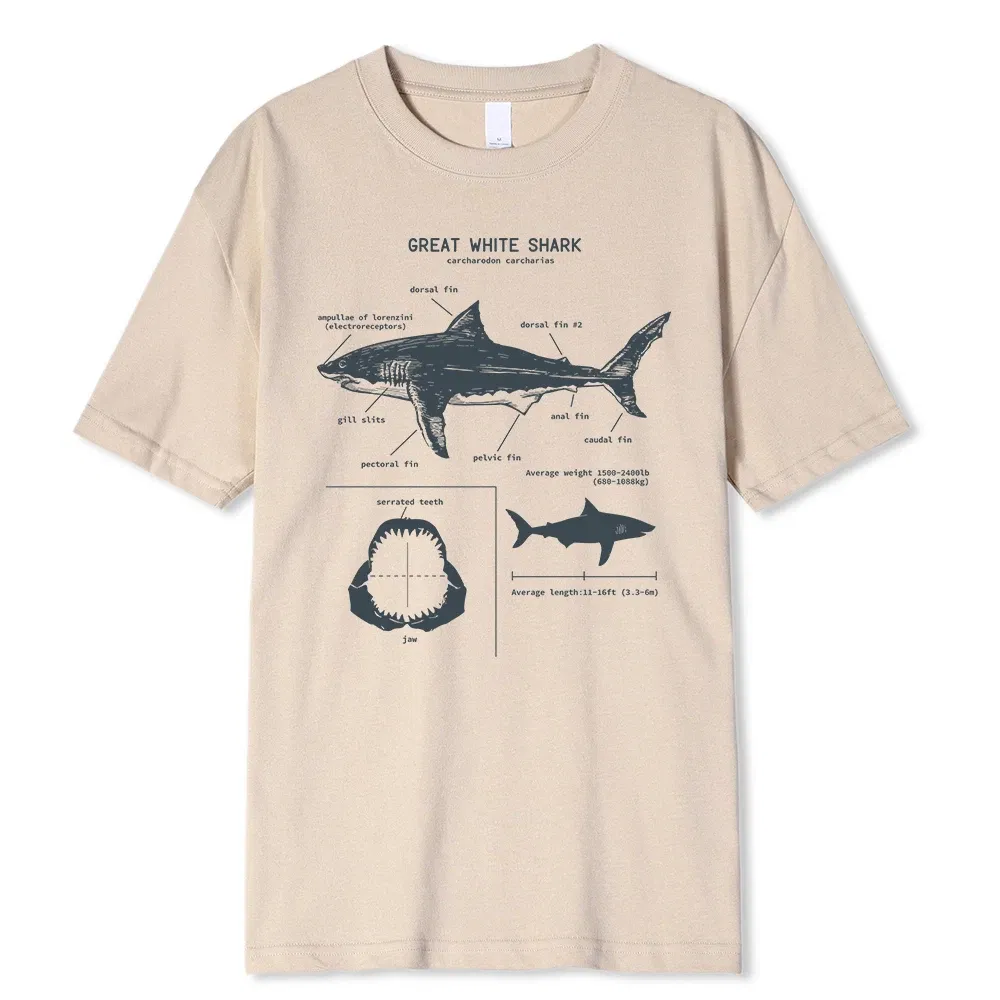 Color: GRAY, Size: S - Great White Shark Anatomy T-Shirt New Summer Men Street Short Sleeve Hip Hop Punk Style Boy Casual Tops Fashion White Tees