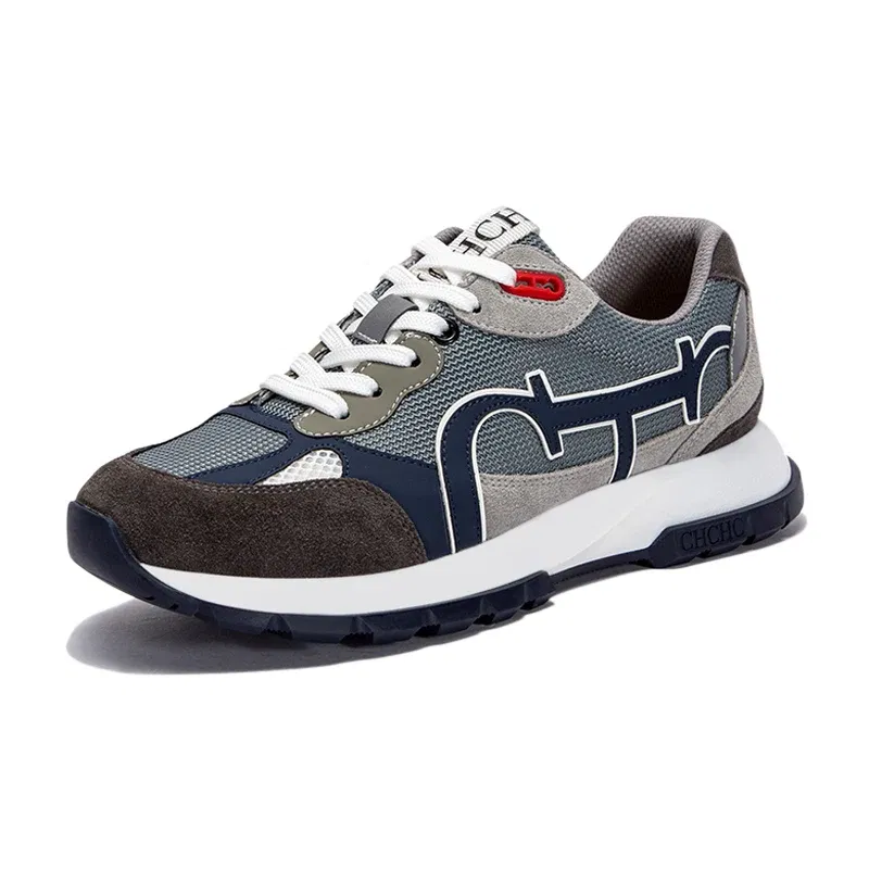 Color: GRAY, Shoe Size: 9 - CHCH Men's Tennis Shoes Black Cow Leather Material Stitching Design Men's Shoes Sports Shoes