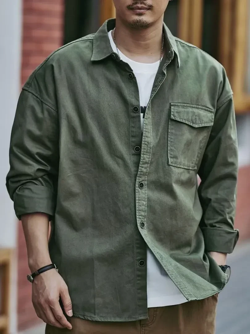Casual Lapel Long Sleeve Shirt With Pockets Loose Solid Color Jacket Shirt Men's Tops Spring And Autumn