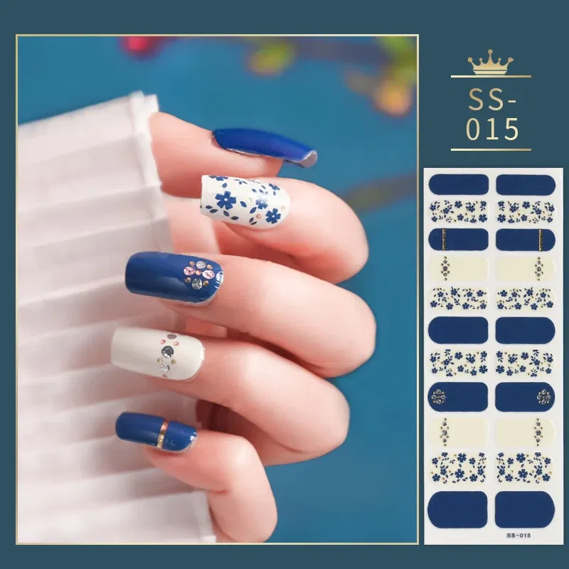Color: Blue - 22 Tips Blue and White Shiny Speckles Nail Art Sticker Full Cover Nail Stickers Last Update Nail Wraps Lot Sticker for Nails
