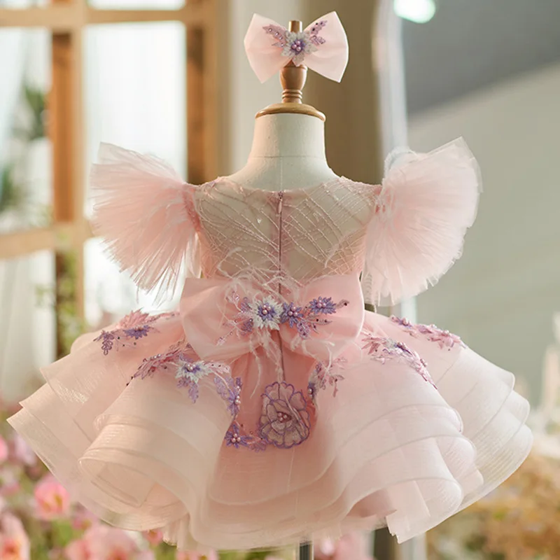 Color: Pink, Kid Size: 18M - New baby girl toddler dress birthday party dress exquisite unique girl sweet little fly sleeve cake skirt