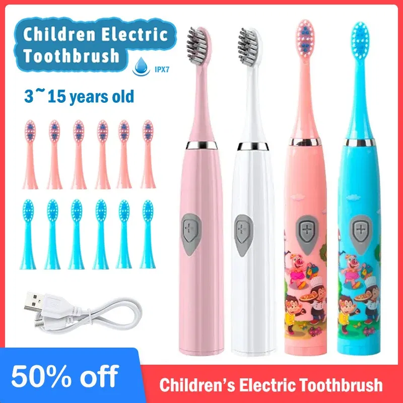 Color: Ivory - Sonic Children Electric Toothbrush Colorful Cartoon Cute Pattern Ultrasonic Rechargeable Soft Hair Smart Brush Oral Cleaning