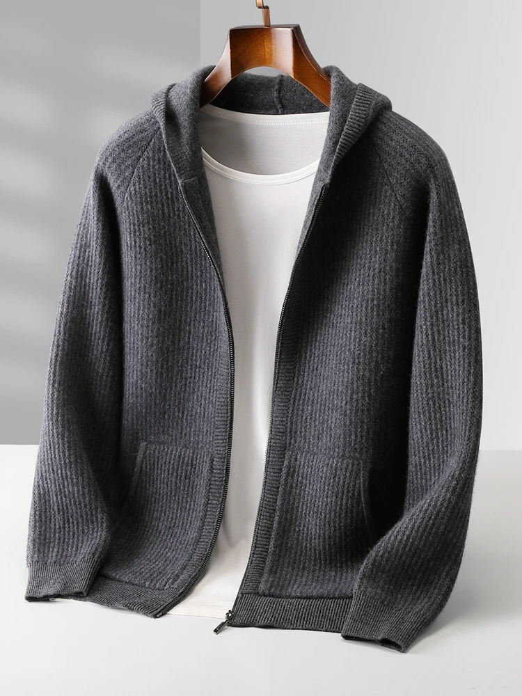Color: WHITE, Size: L - Daily Clothes Autumn Winter Sweater Men's Coat 100% Merino Wool Sweater Cardigan Knitted Jacket Thicked Hooded Outerwears Trend